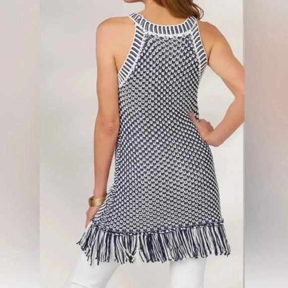 NWT Soft Surroundings Bambado Fringe Halter Tank Top Navy Blue White Knit S - Picture 2 of 13